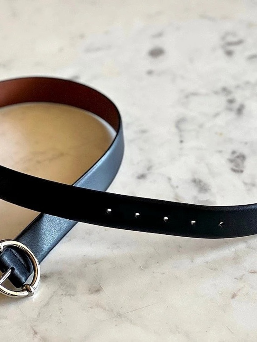 Reversible Leather Belt Black Cognac Brown Silver O-Ring Round Buckle Size Small